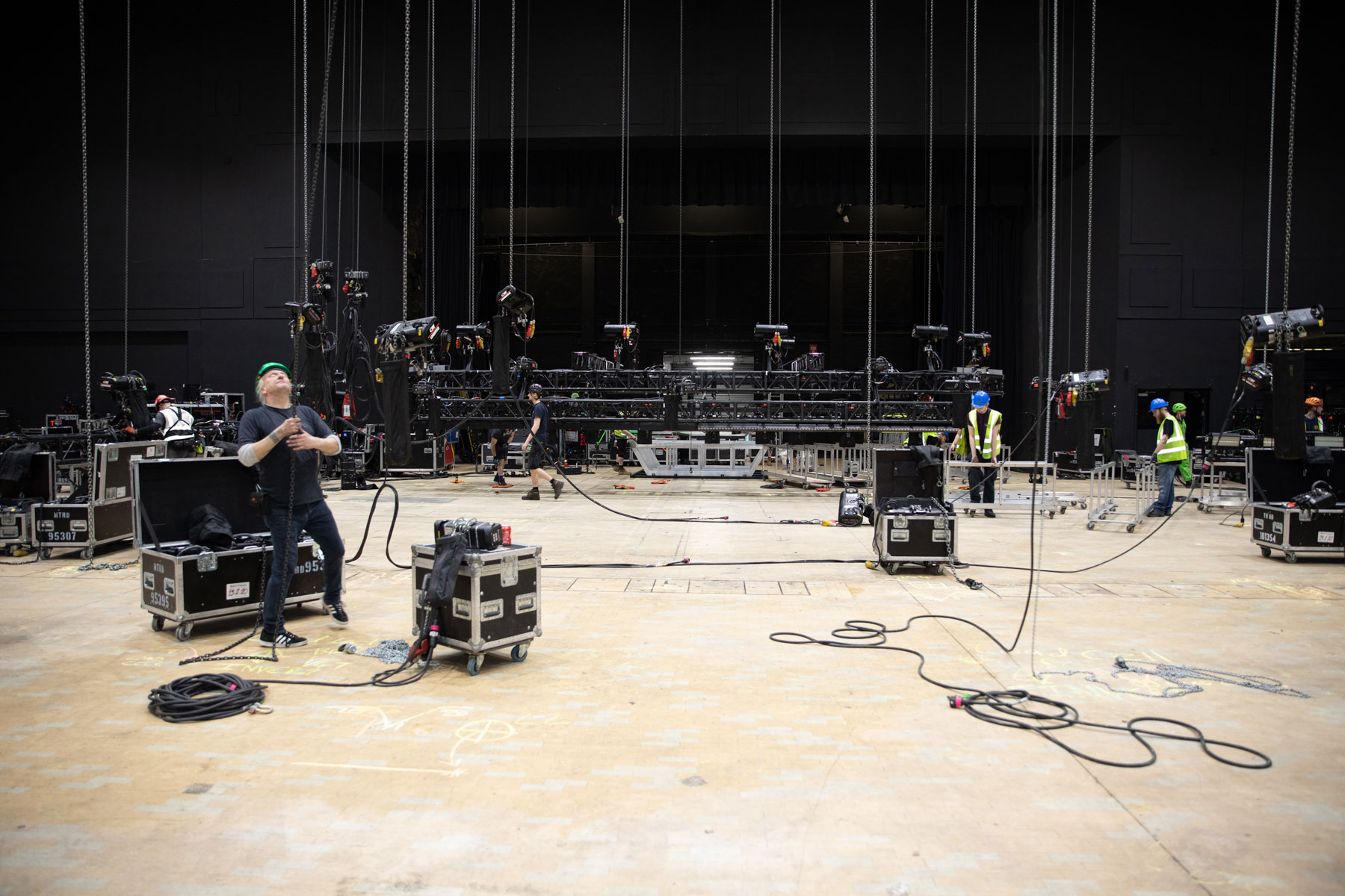 Riggers at work on The 1975 UK Tour, Motorpoint Arena, Cardiff, UK