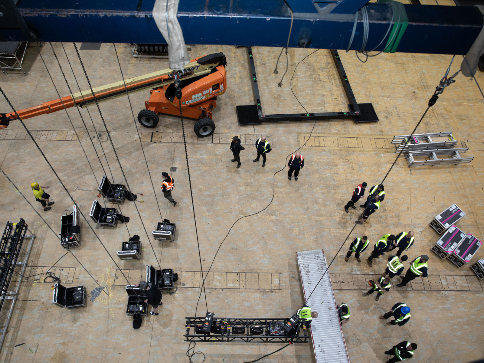 Riggers at work on The 1975 UK Tour, Motorpoint Arena, Cardiff, UK